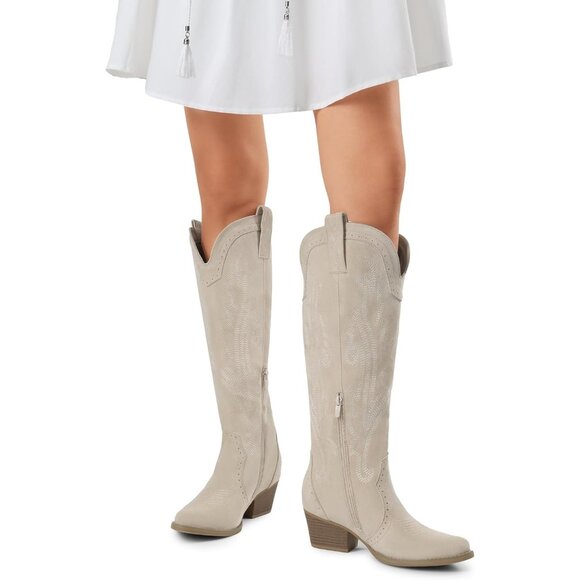 Women's Beige Comfortable Chunky Heel Embroidered Western Retro Knee High Boot - Picture 3 of 9